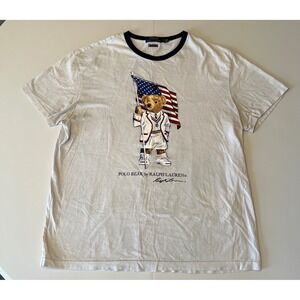 Ralph Lauren Polo Bear Shirt Mens L White American Flag Teddy USA July 4th